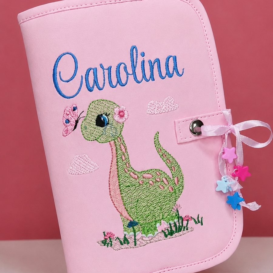 Porta Caderneta Dino personalizado com nome bordado - Lene Mimos